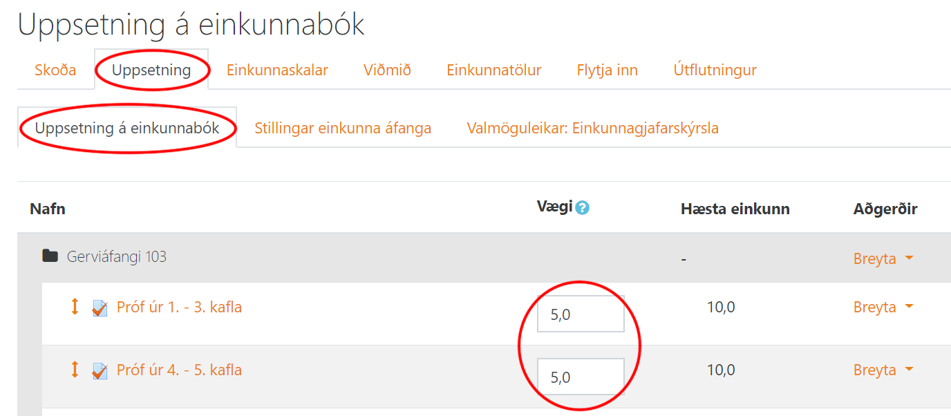 uppsetning á einkunnabók