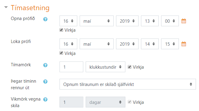 tímasetningar prófs