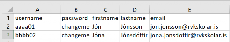 Notendur fluttir inn í Moodle með csv skrá