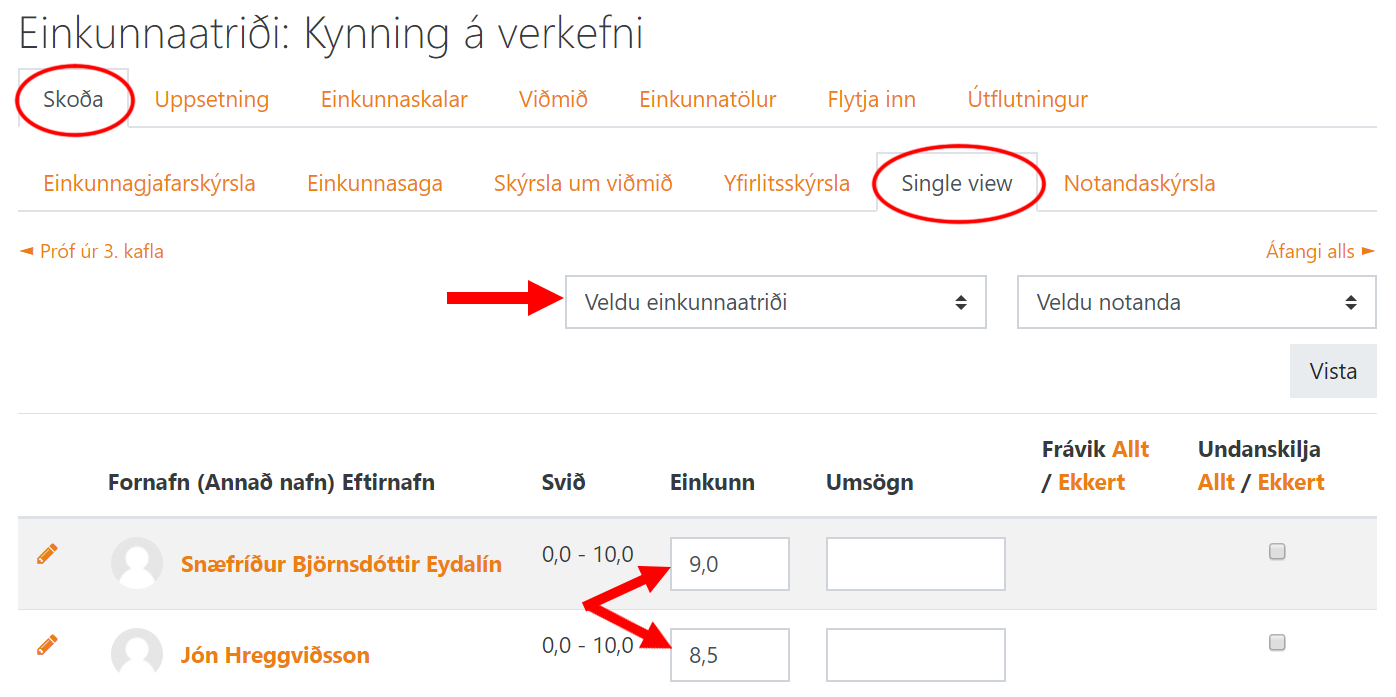 einkunnagjöf fyrir einkunnaatriði