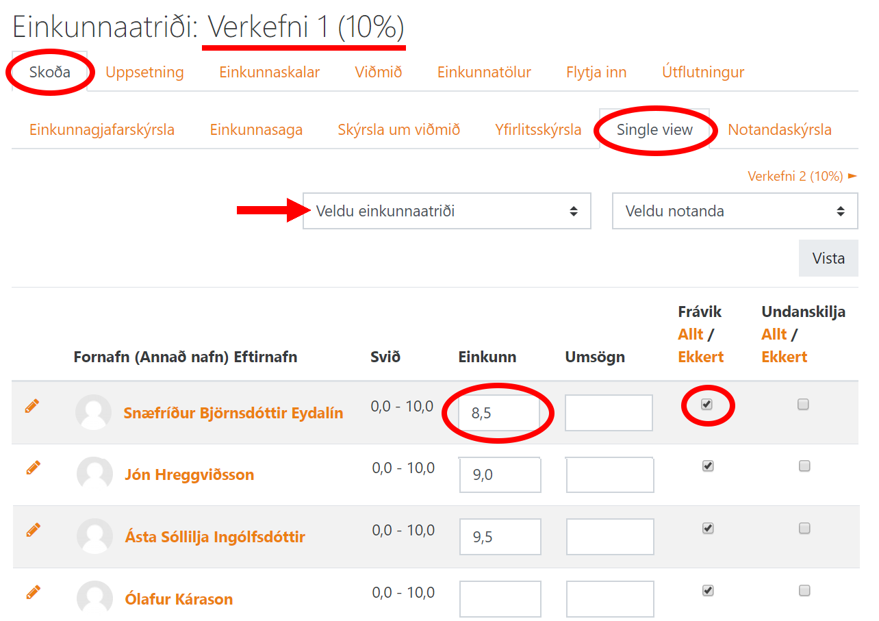 einkunnagjöf gefin í single view