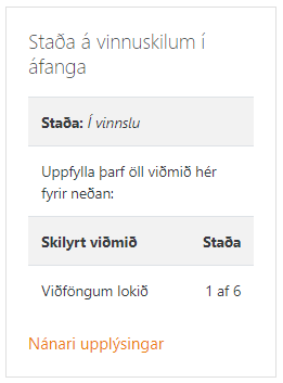 Staða á vinnuskilum í áfanga